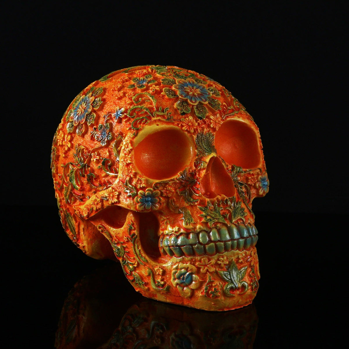 Skull Head Decor With Ornate Plum Blossom Floral Detail