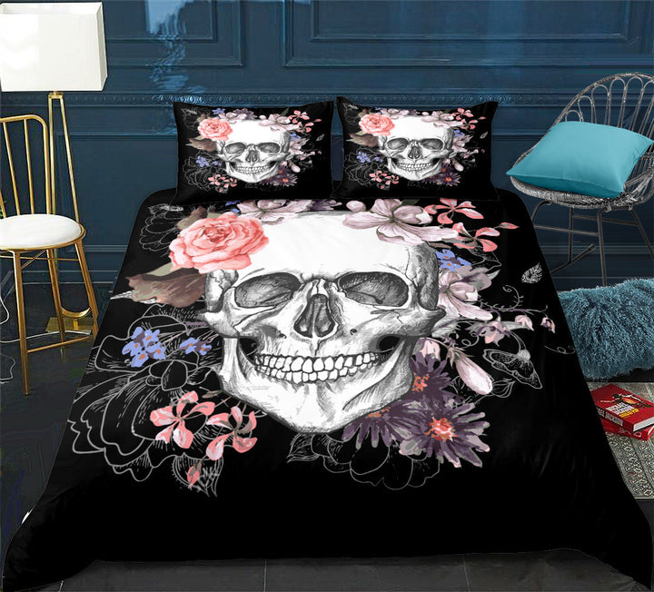 Skull Bedding Set – Gothic Floral Full-Size Bedroom Decor