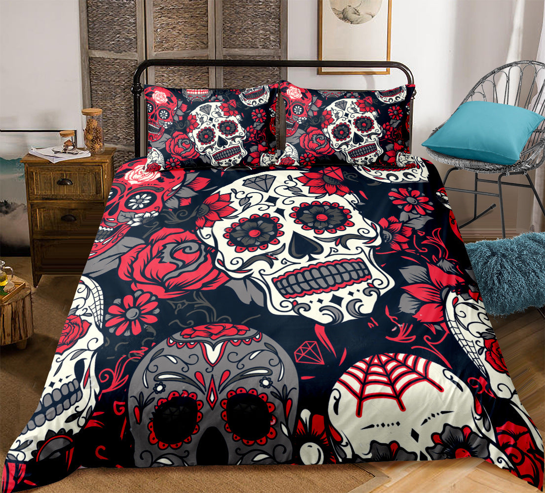 Skull Bedding Set – Gothic Floral Full-Size Bedroom Decor
