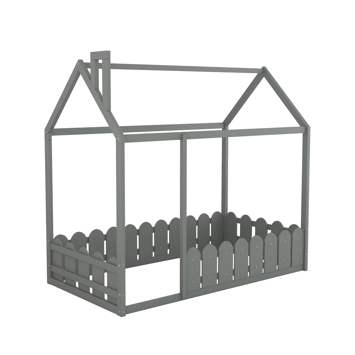 Gray Twin House Bed Frame with Fence Guardrail for Kids