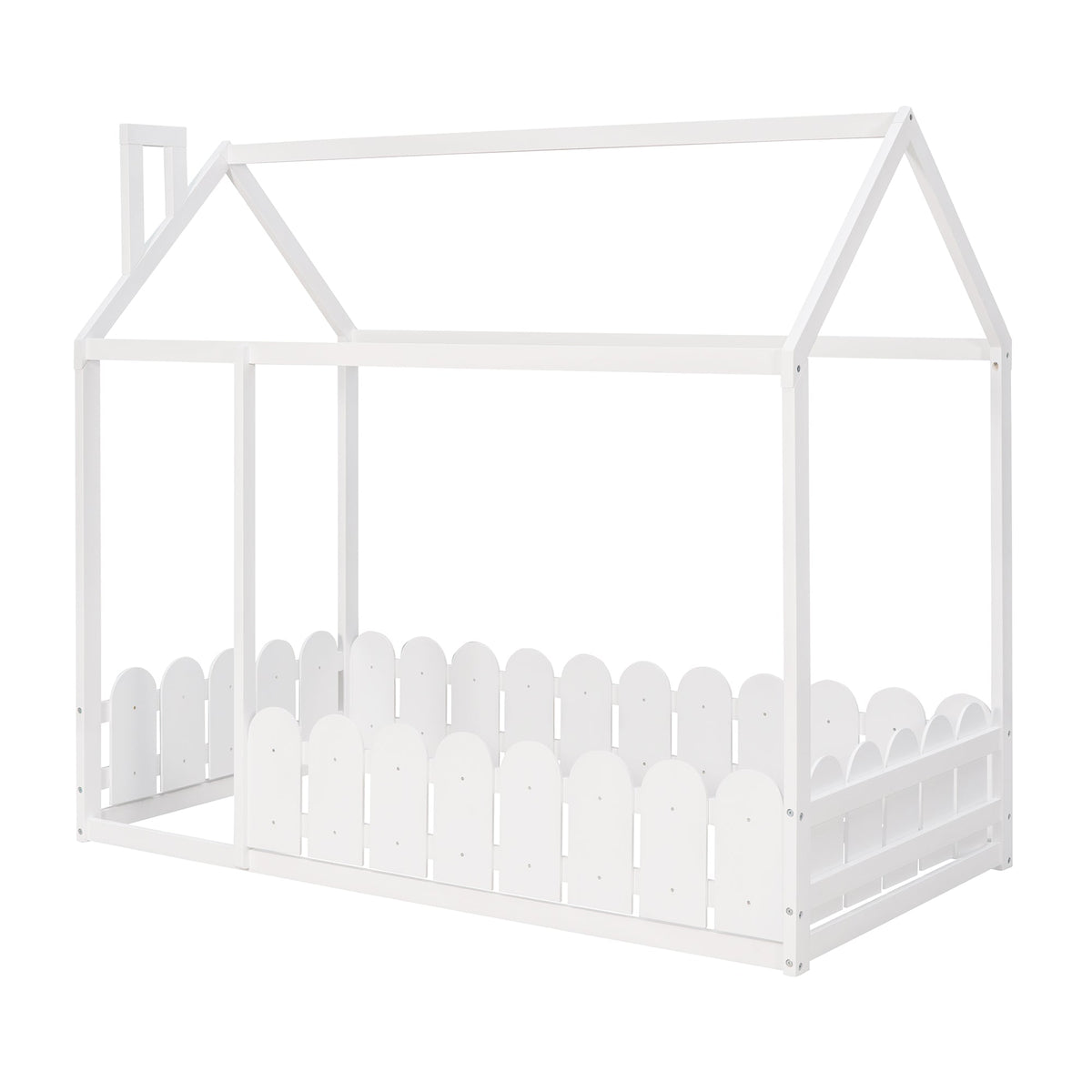 Twin Wood House Bed Frame with Picket Fence for Kids