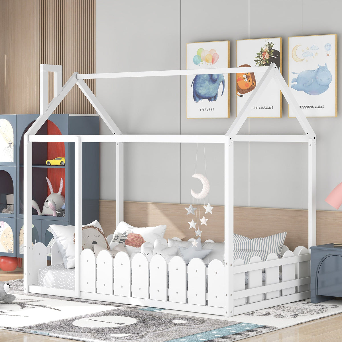 Twin Wood House Bed Frame with Picket Fence for Kids