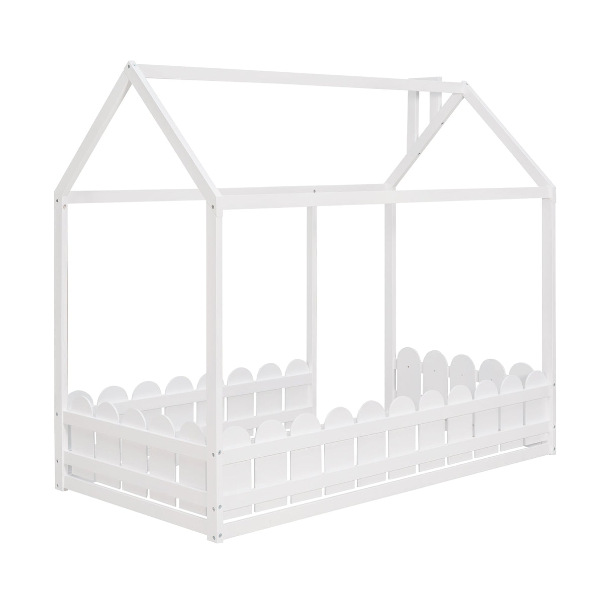 Twin Wood House Bed Frame with Picket Fence for Kids