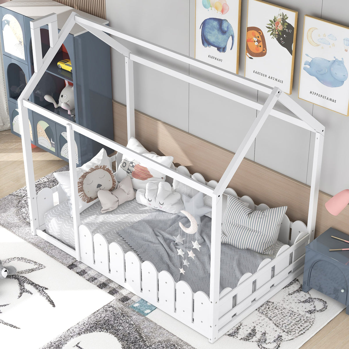Twin Wood House Bed Frame with Picket Fence for Kids