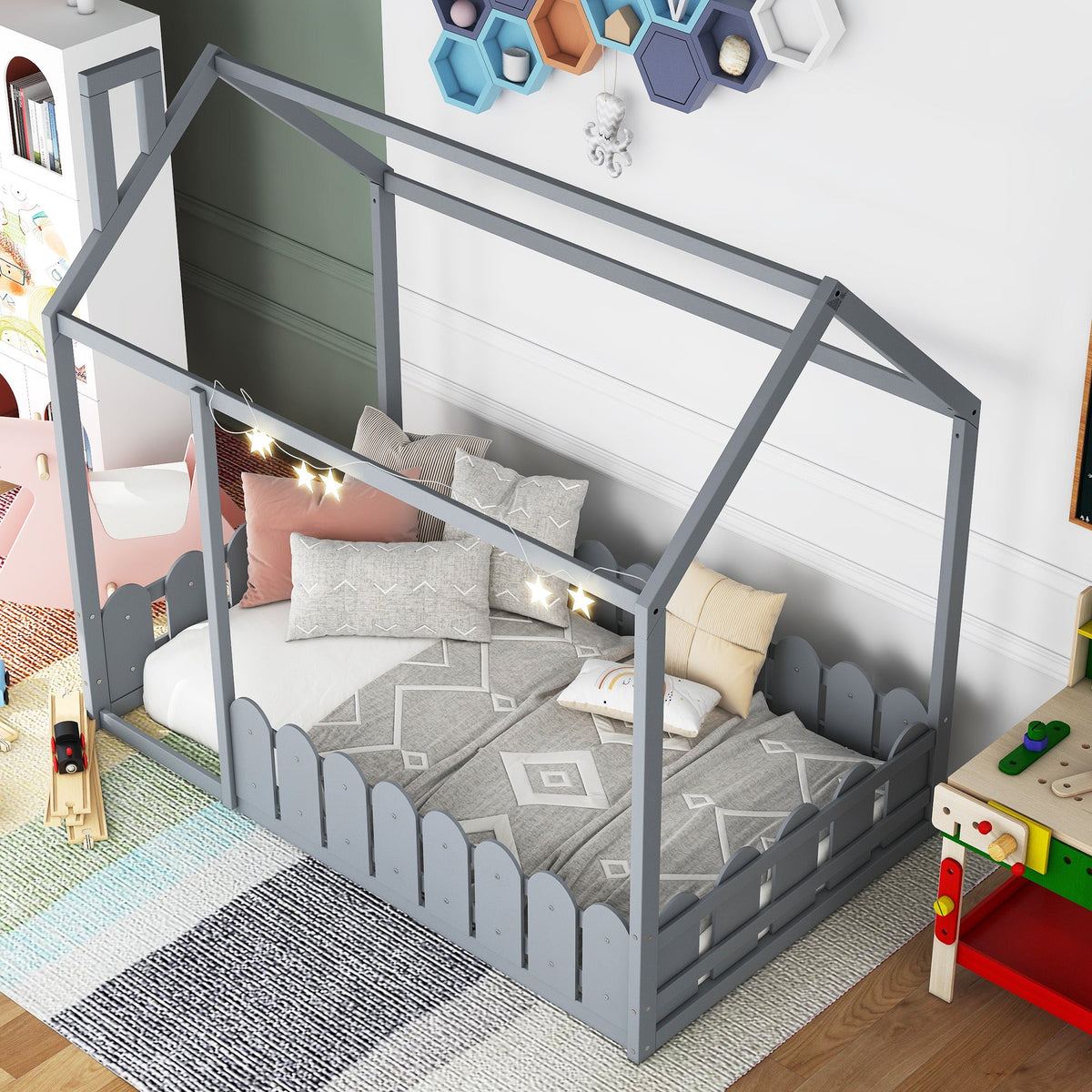 Gray Twin House Bed Frame with Fence Guardrail for Kids