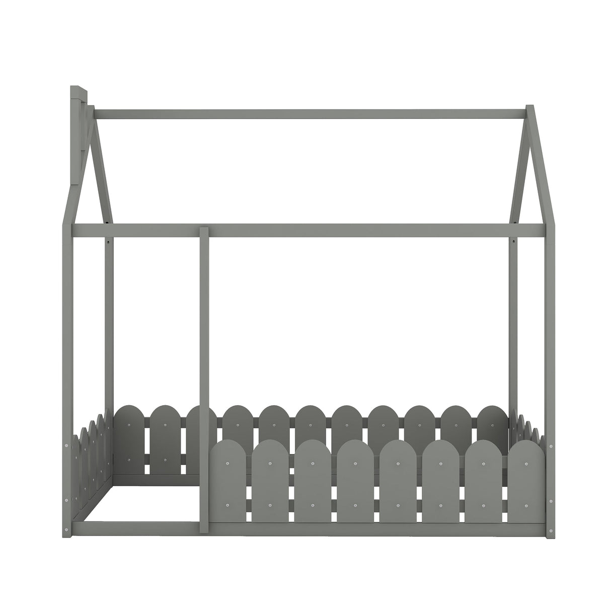 Gray Twin House Bed Frame with Fence Guardrail for Kids