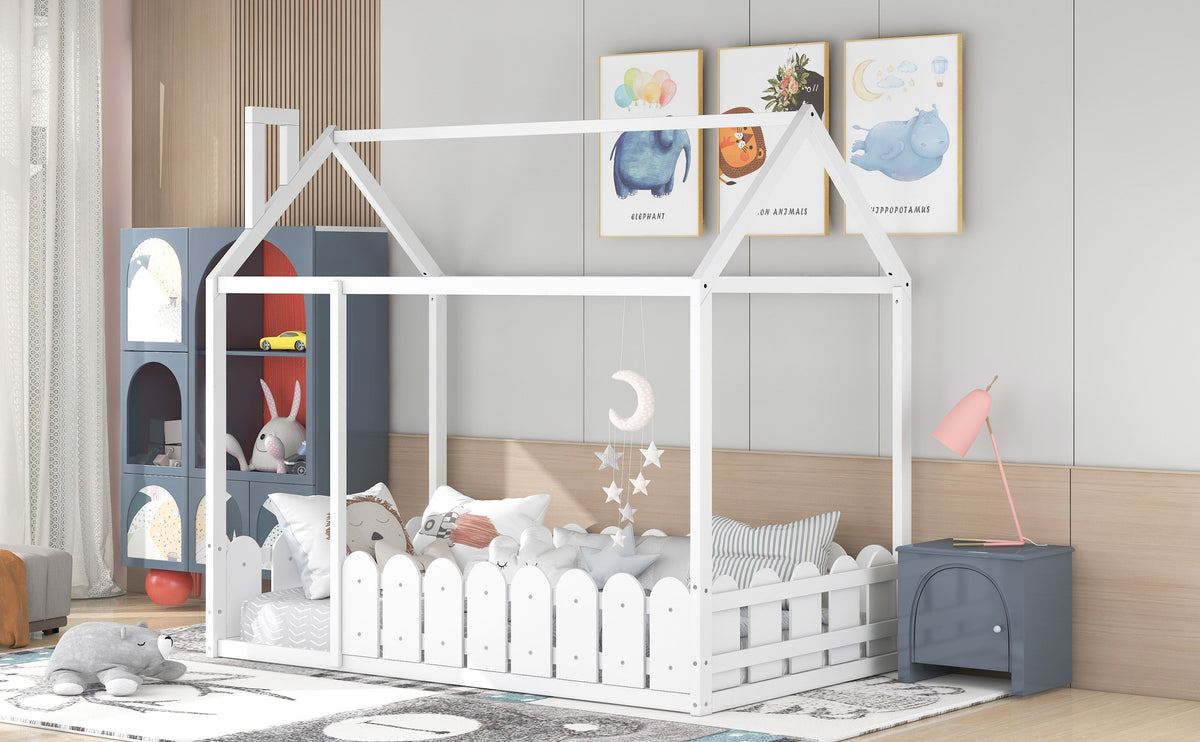 Twin Wood House Bed Frame with Picket Fence for Kids