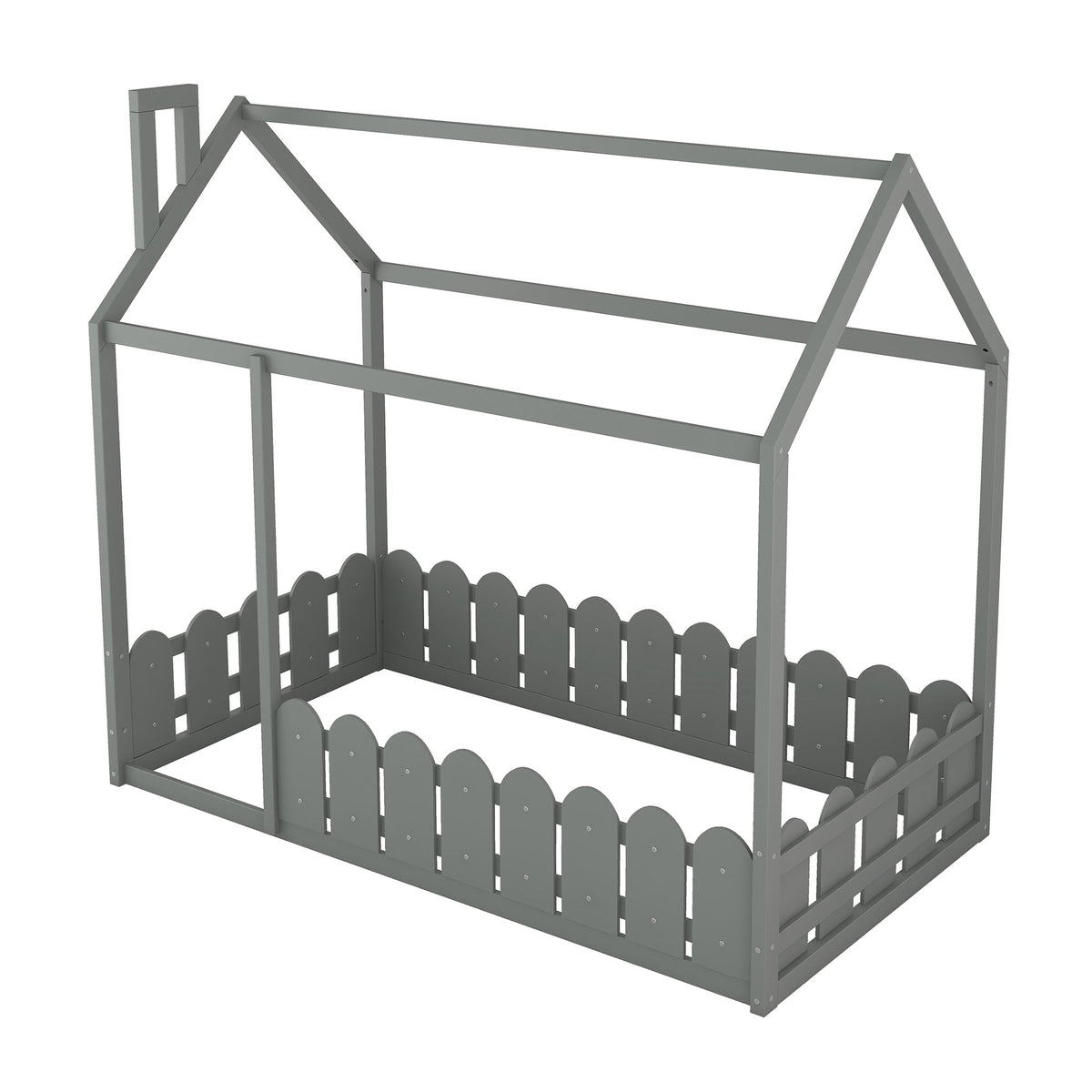 Gray Twin House Bed Frame with Fence Guardrail for Kids