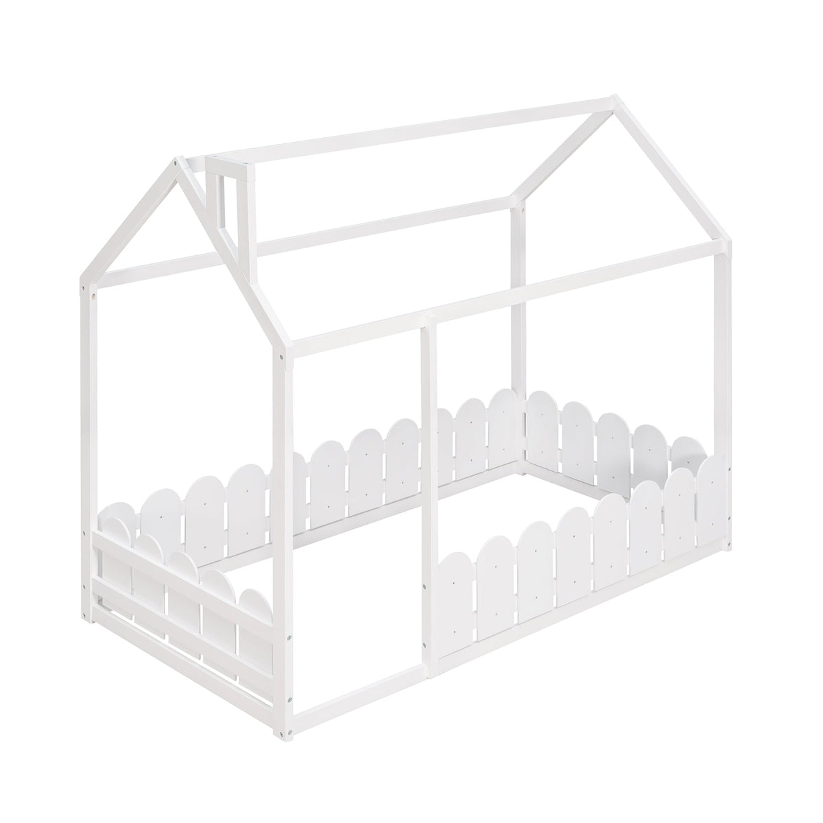 Twin Wood House Bed Frame with Picket Fence for Kids