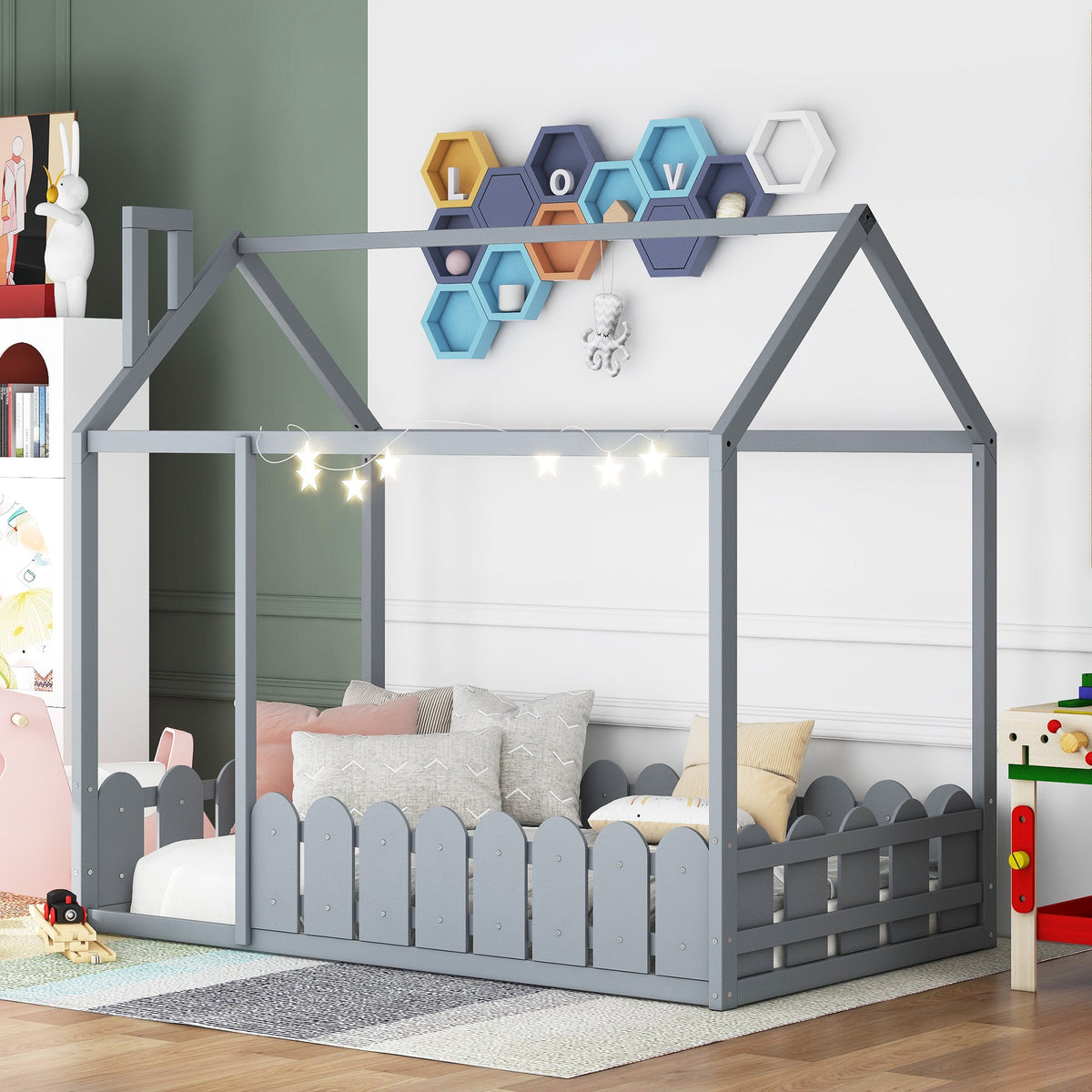 Gray Twin House Bed Frame with Fence Guardrail for Kids