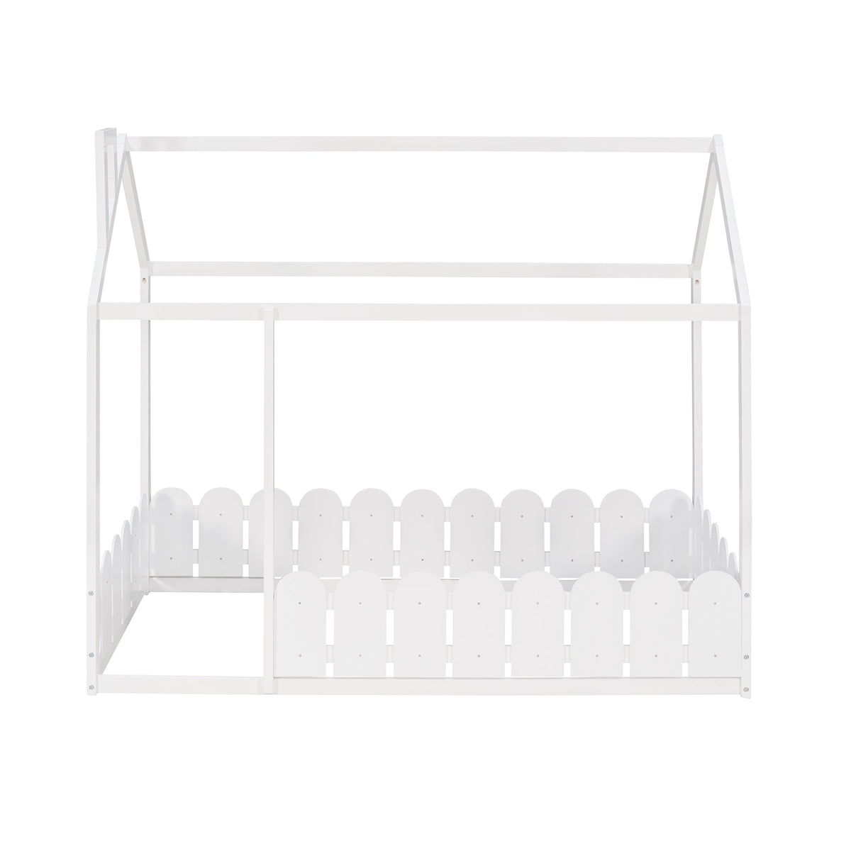 Twin Wood House Bed Frame with Picket Fence for Kids