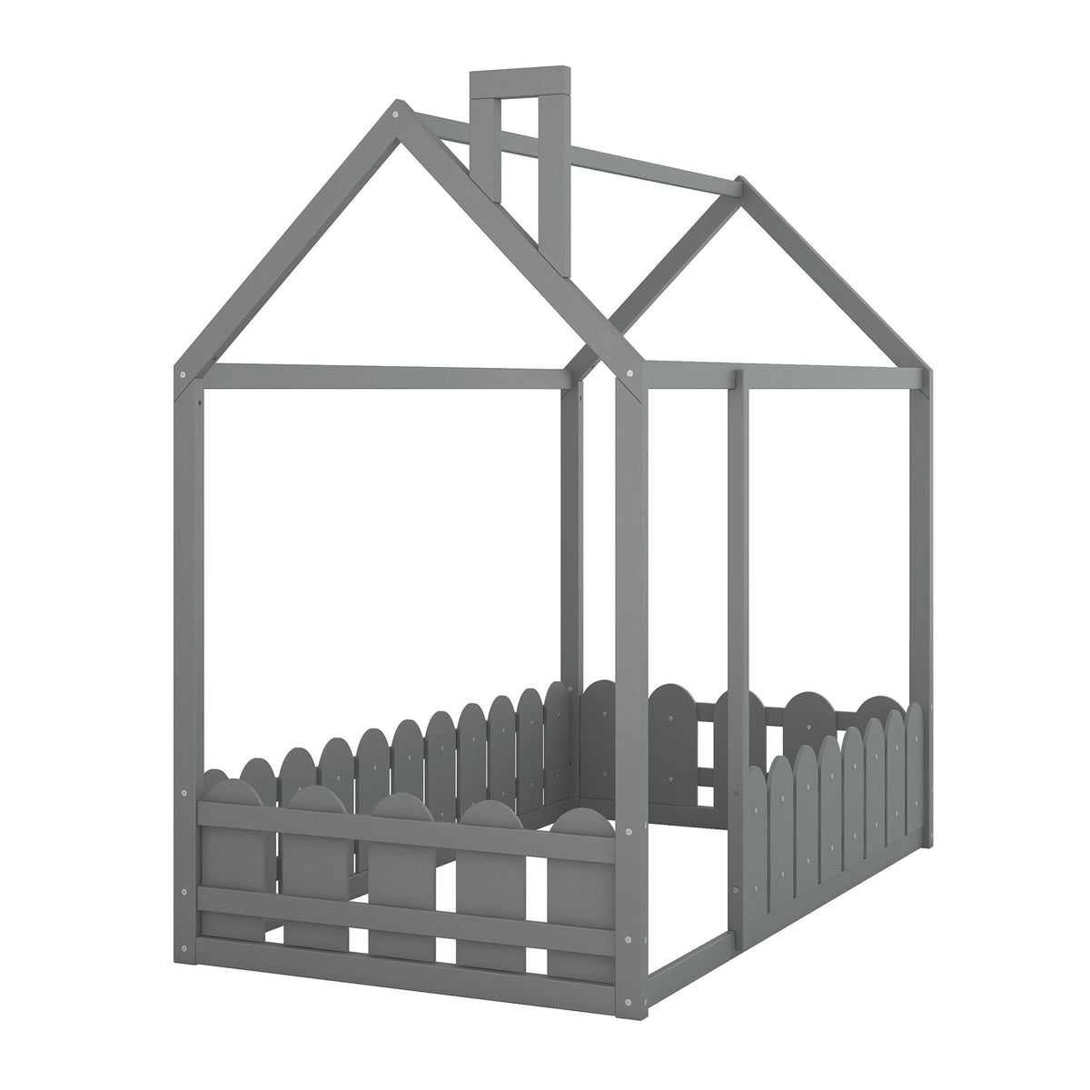 Gray Twin House Bed Frame with Fence Guardrail for Kids