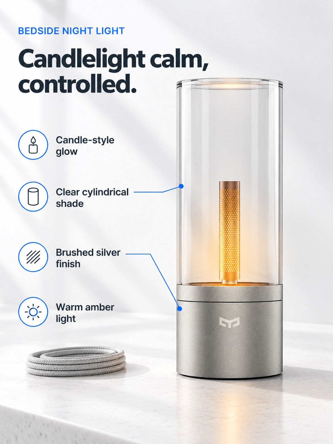 Smart Bedside Night Light with Candle-Style Warm Glow