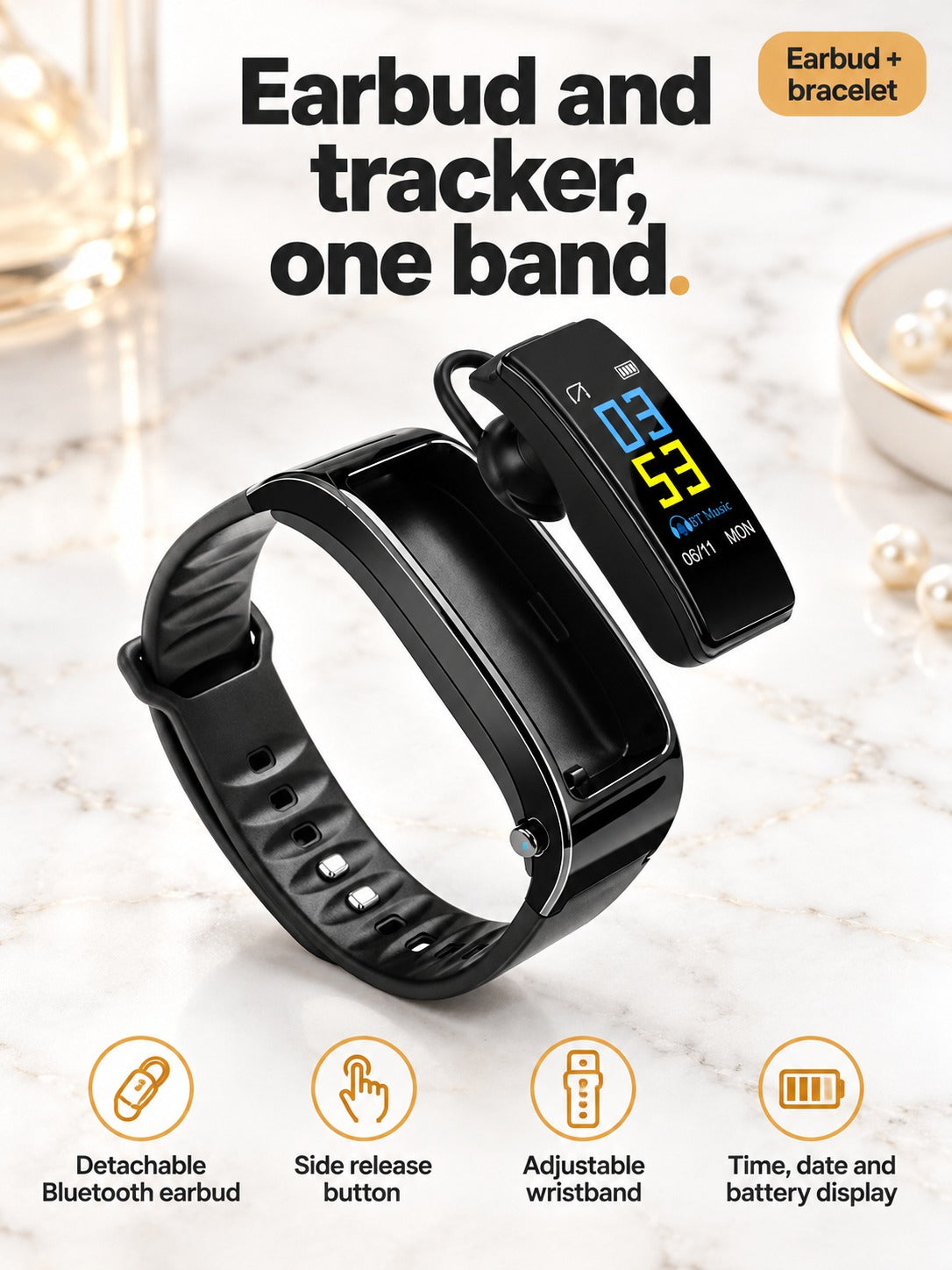 Smart Bracelet with Detachable Earbud and Heart Rate