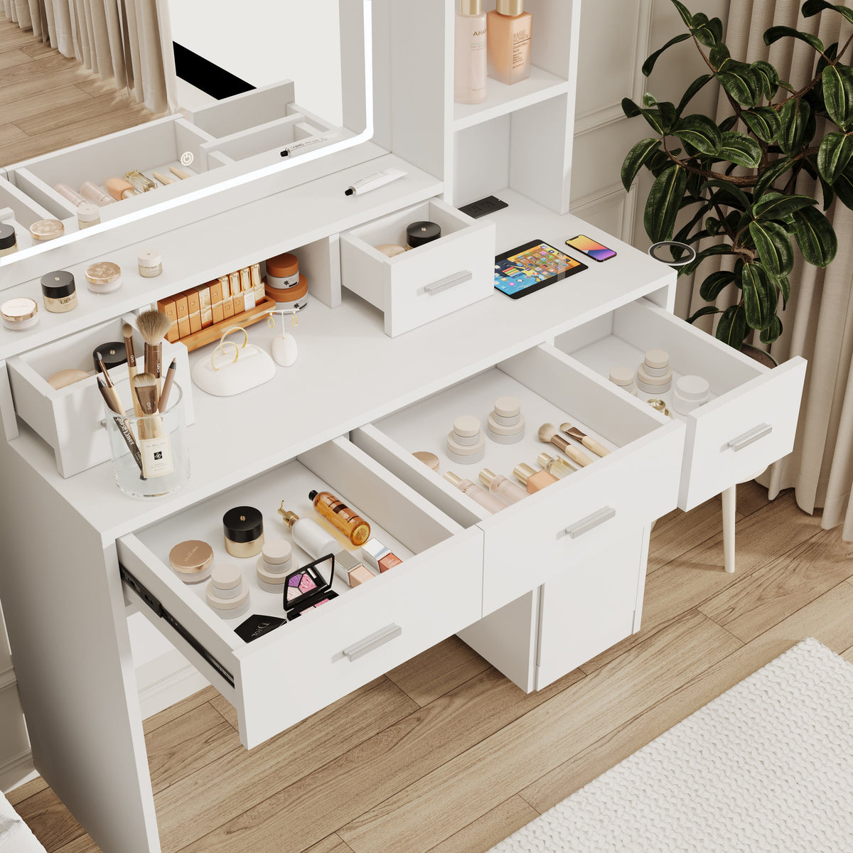LED Mirror Dressing Table with Drawers and Shelves