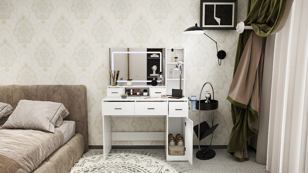 LED Mirror Dressing Table with Drawers and Shelves