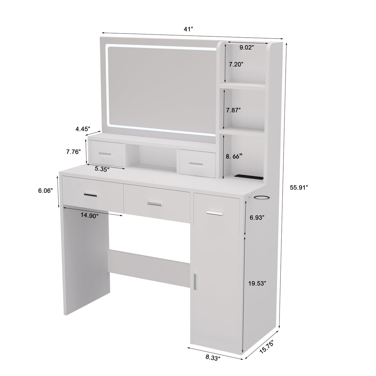LED Mirror Dressing Table with Drawers and Shelves