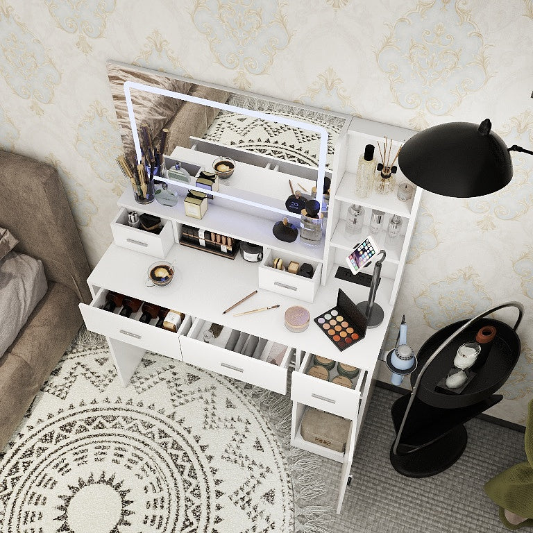 LED Mirror Dressing Table with Drawers and Shelves