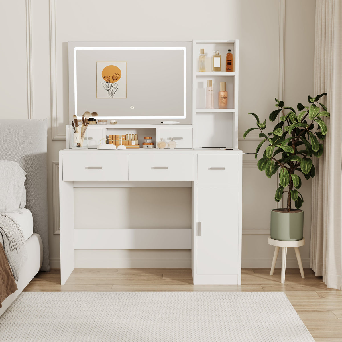 LED Mirror Dressing Table with Drawers and Shelves