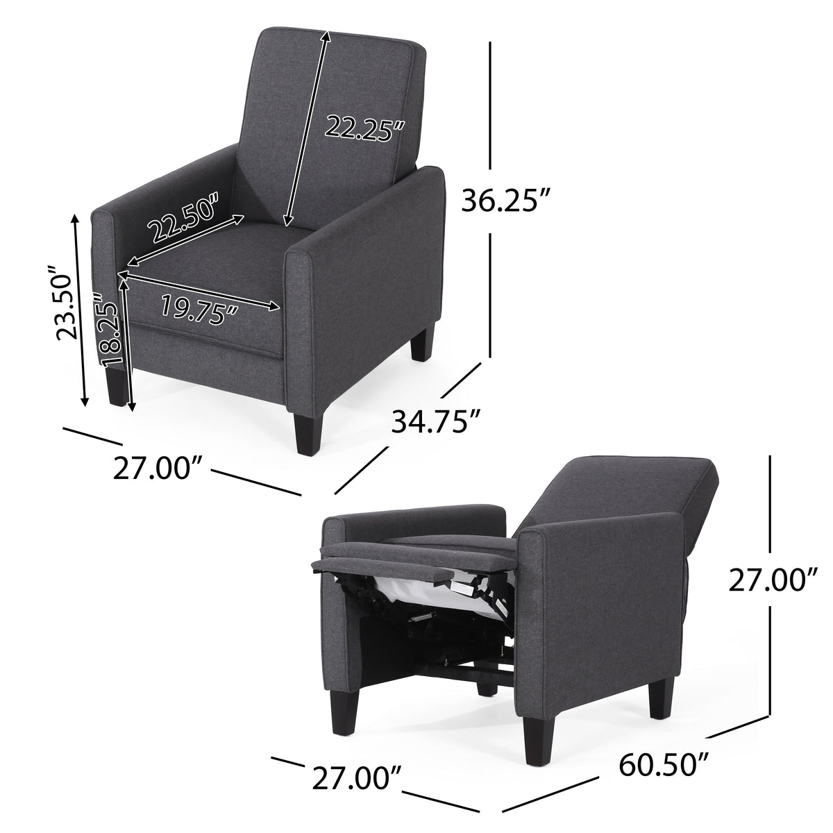 Push Back Recliner Chair for Small Spaces Charcoal