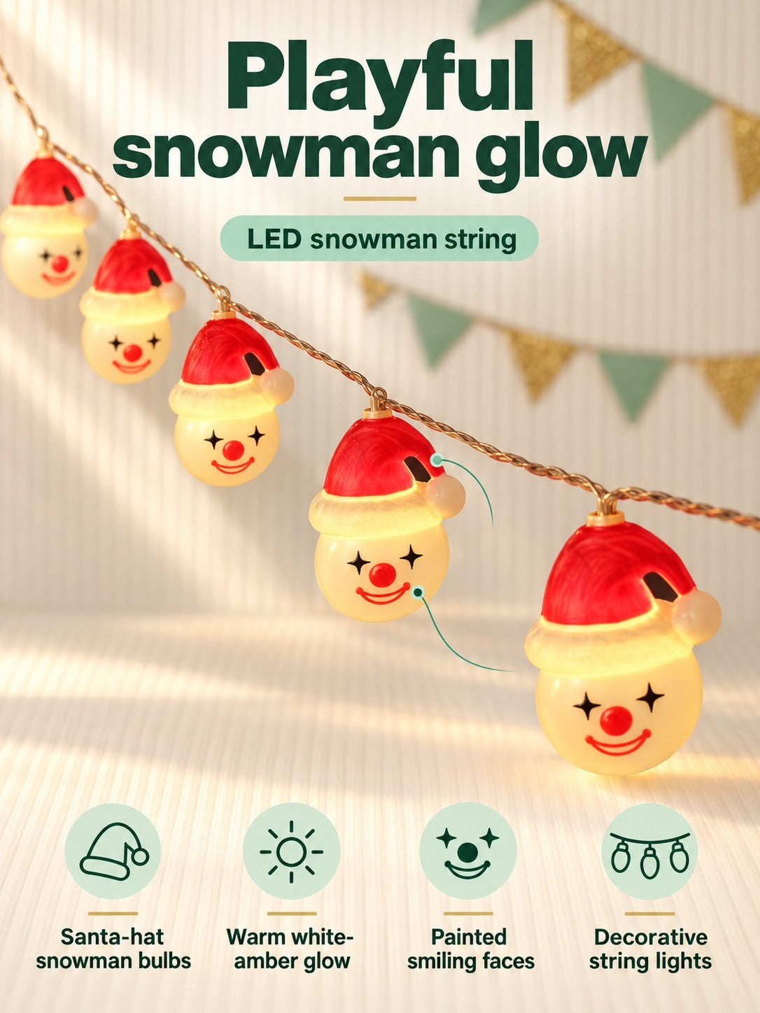 Snowman Santa Hat LED Christmas String Lights Warm Glow