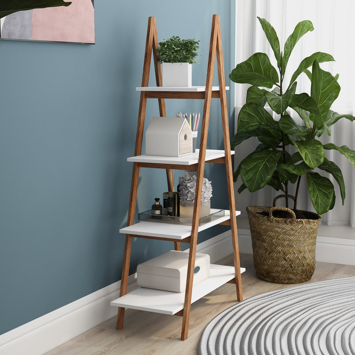 Bamboo A-Frame Ladder Bookshelf, Four-Tier Open Storage
