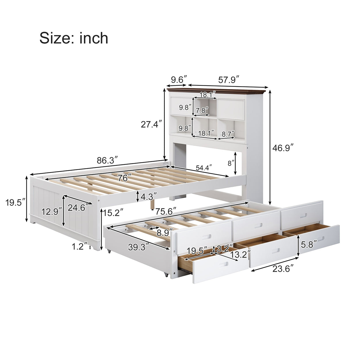 Full Captain's Bed with Bookcase Headboard and Drawers