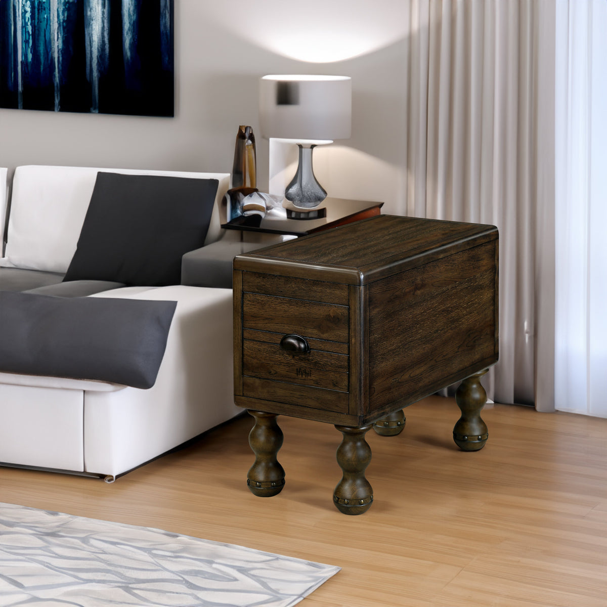 Slim Solid Wood End Table with Drawer, Espresso