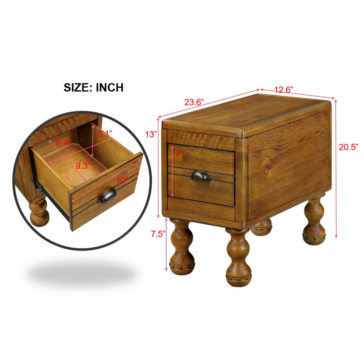 Slim Solid Wood End Table with Drawer, Antique Brown