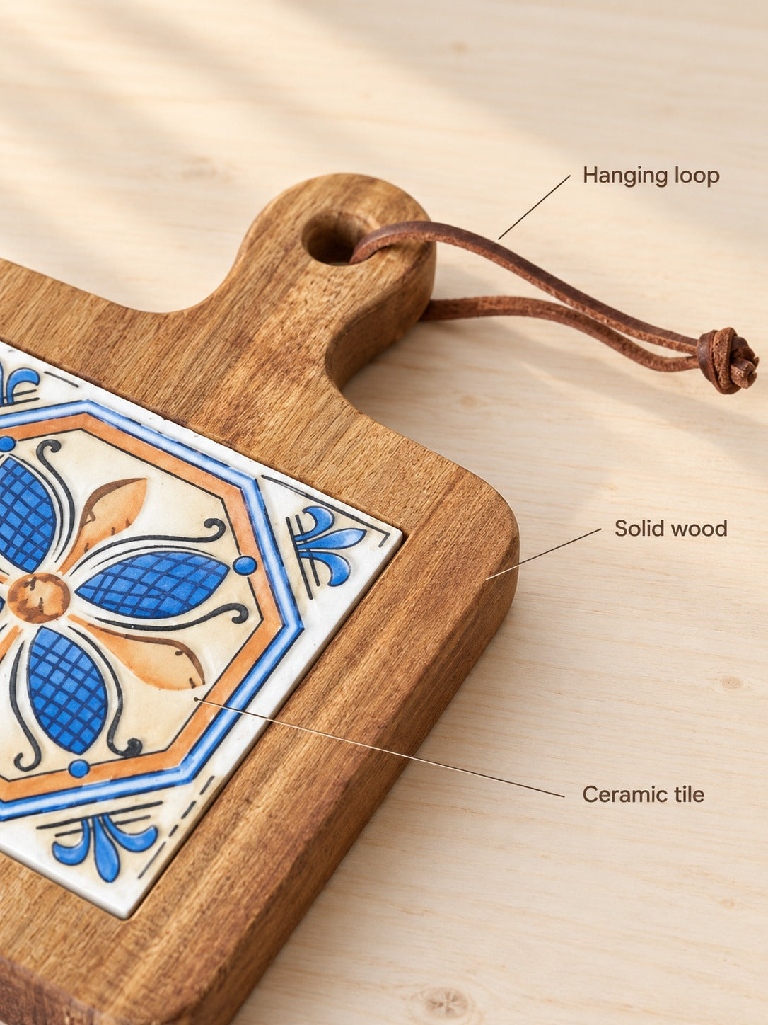 Solid Wood Trivet with Ceramic Tile Inlay Retro Style