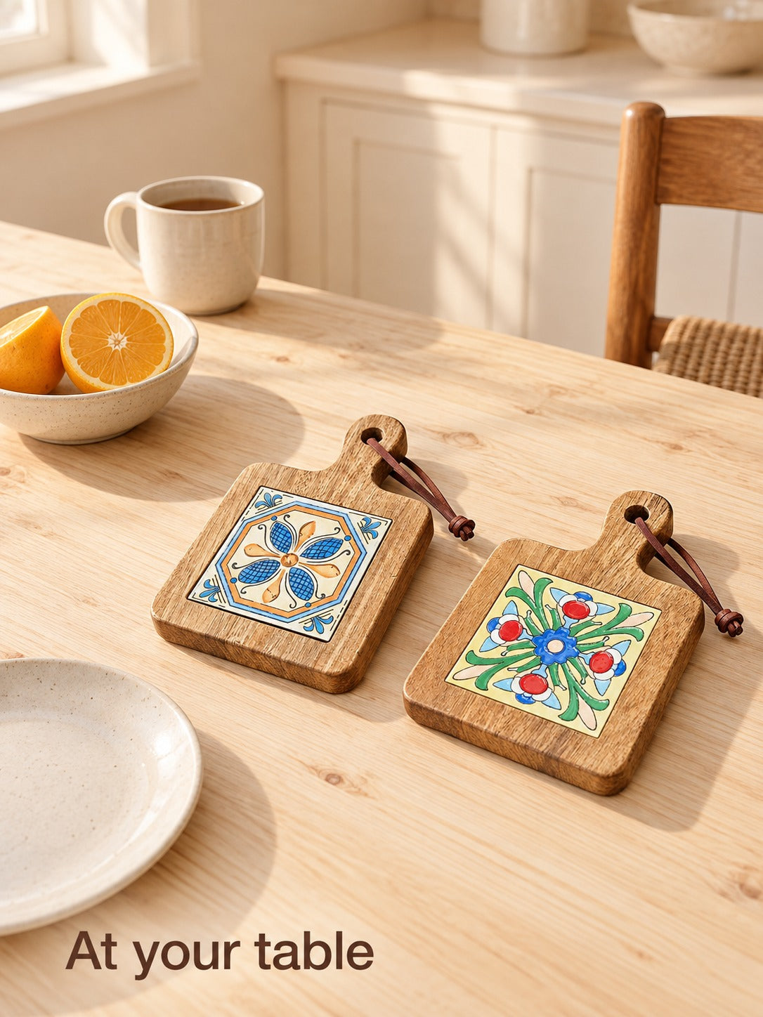 Solid Wood Trivet with Ceramic Tile Inlay Retro Style