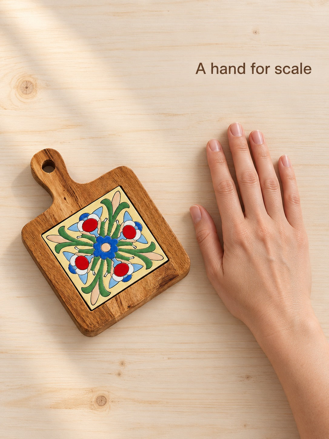 Solid Wood Trivet with Ceramic Tile Inlay Retro Style