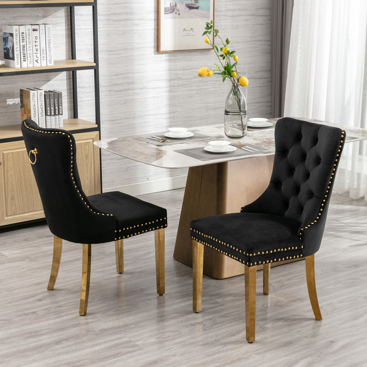 Black Velvet Tufted Dining Chair with Gold Nailhead Trim