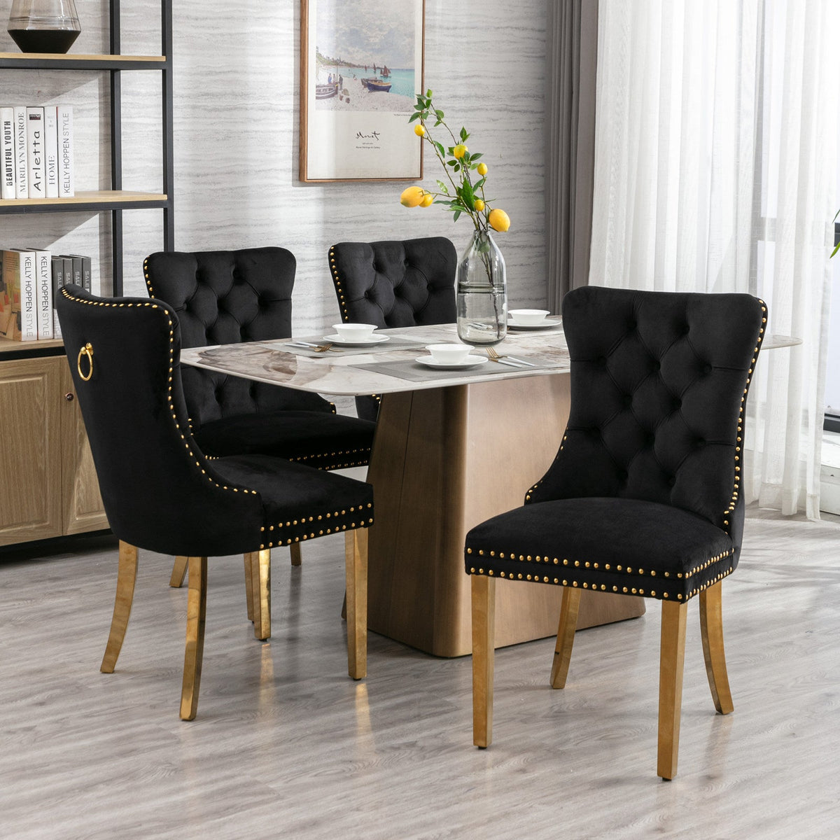 Black Velvet Tufted Dining Chair with Gold Nailhead Trim