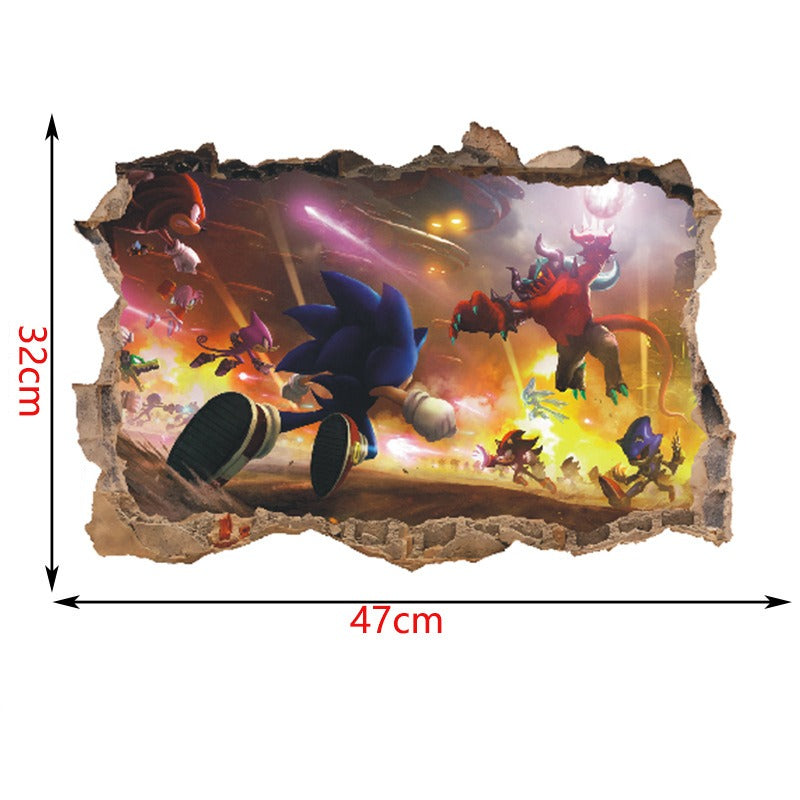 Sonic Kids Room Wall Stickers with 3D Cracked-Wall Look