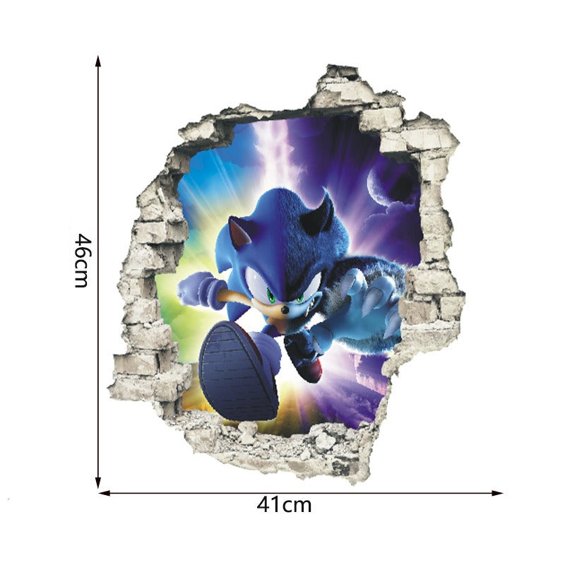 Sonic Kids Room Wall Stickers with 3D Cracked-Wall Look