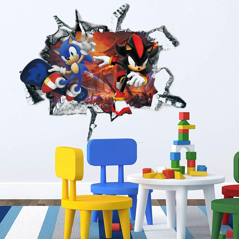 Sonic Kids Room Wall Stickers with 3D Cracked-Wall Look