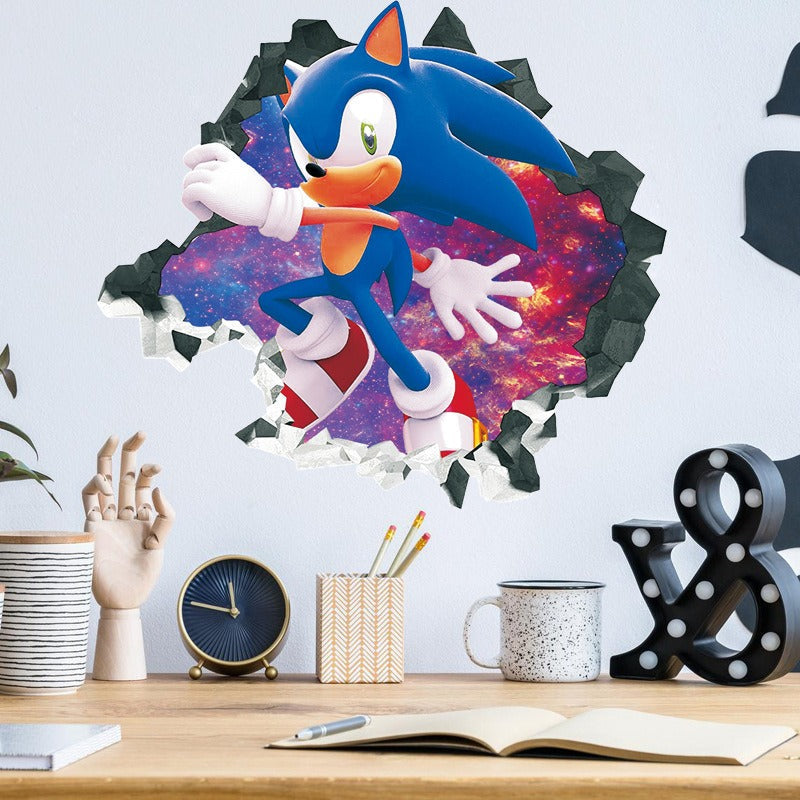 Sonic Kids Room Wall Stickers with 3D Cracked-Wall Look