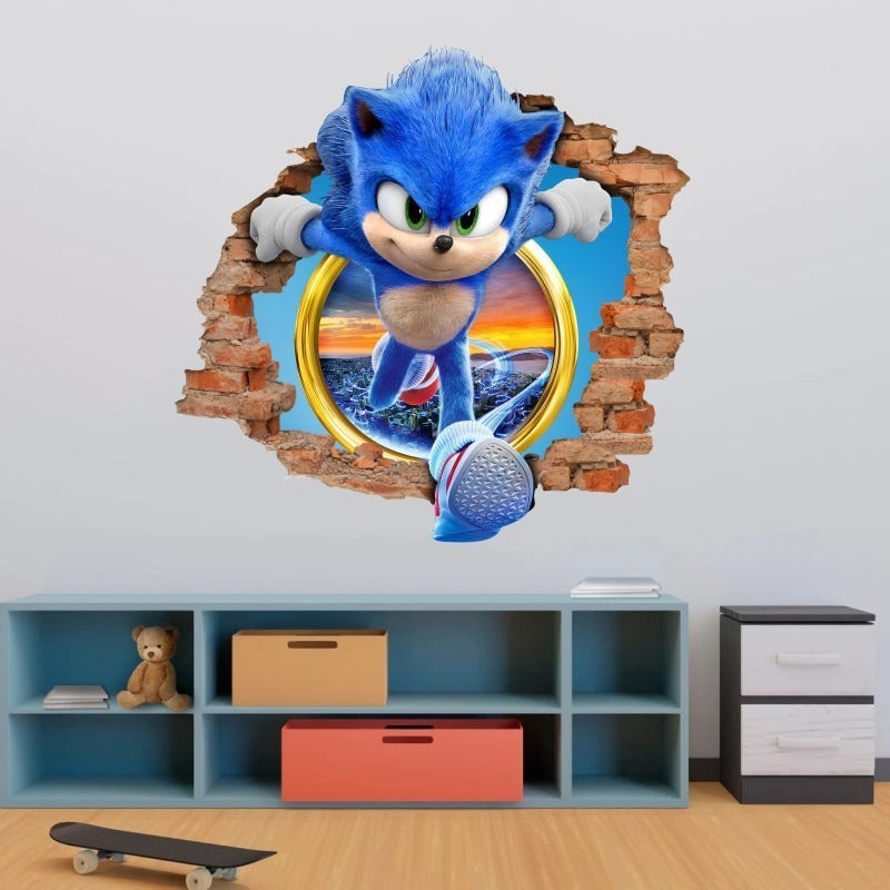 Sonic Kids Room Wall Stickers with 3D Cracked-Wall Look