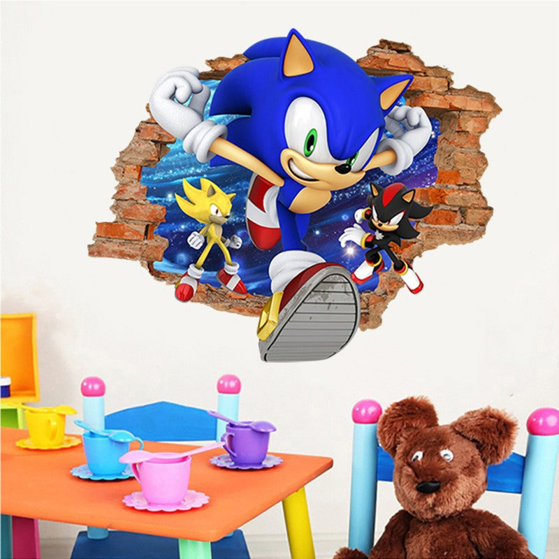 Sonic Wall Decal With 3D Cracked-Wall Gaming Effect