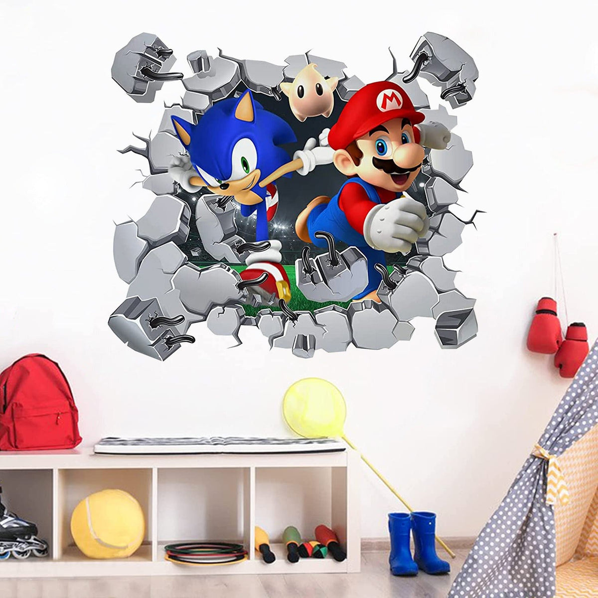 Sonic Wall Decal With 3D Cracked-Wall Gaming Effect