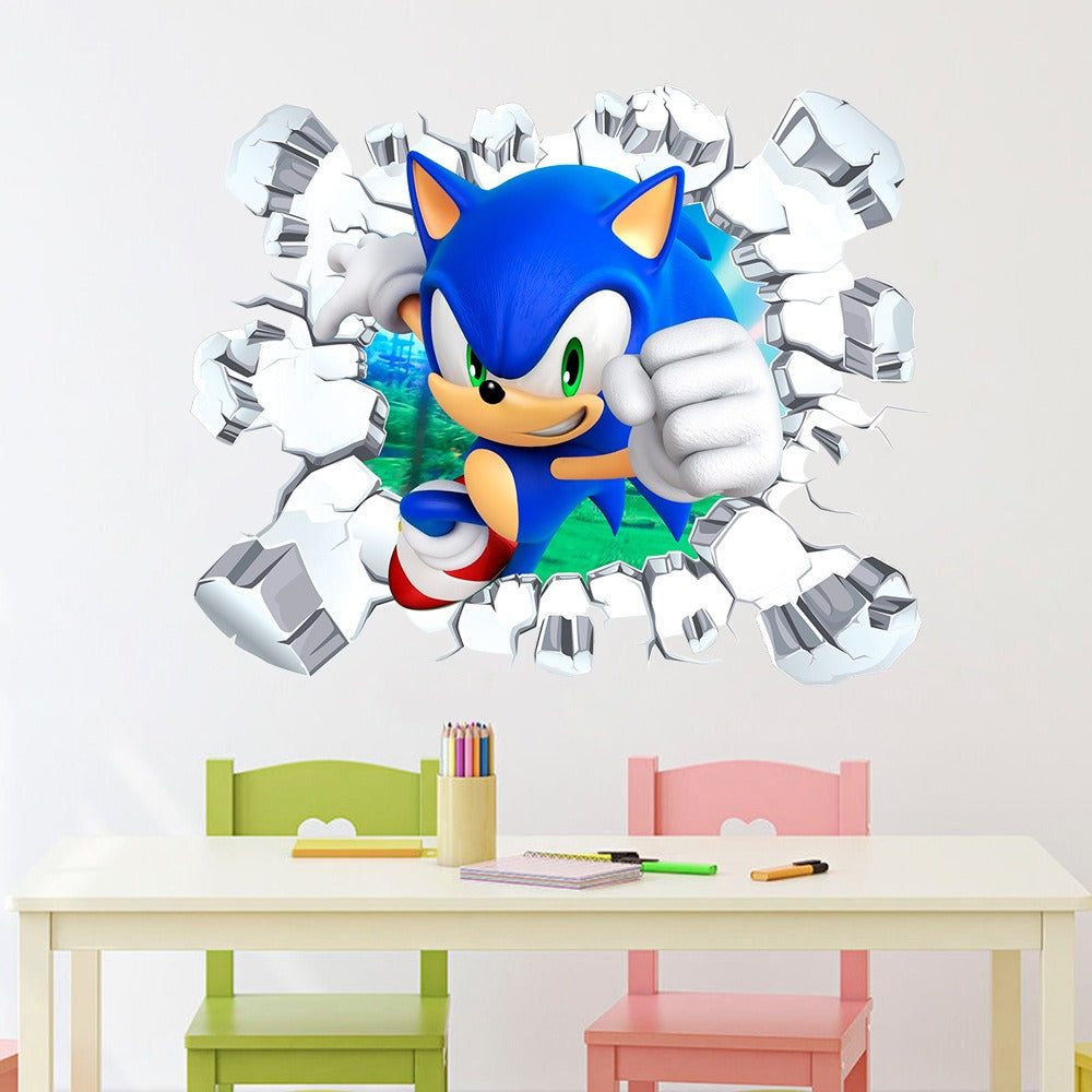 Sonic Wall Decal With 3D Cracked-Wall Gaming Effect