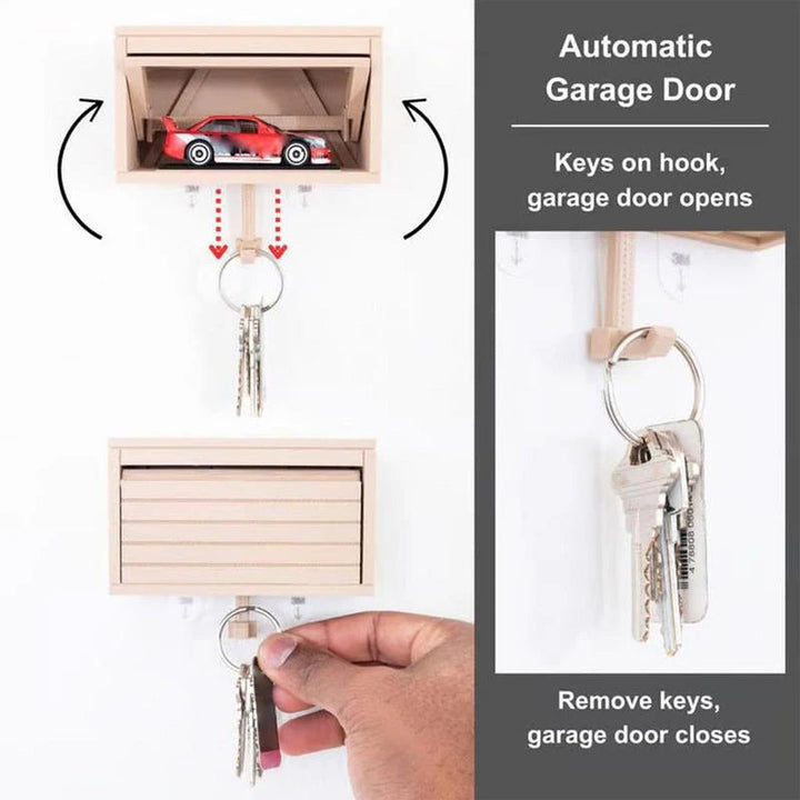 Wooden Wall Key Holder with Automatic Garage Door for Entryway