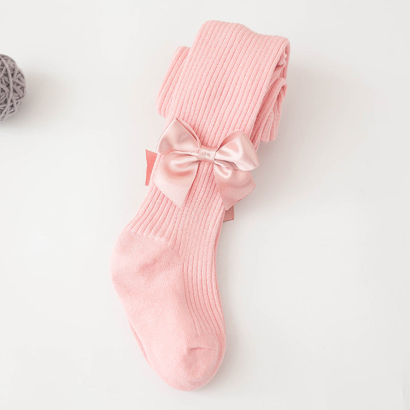 Children's Cozy Ribbed Tights With Satin Bow Details