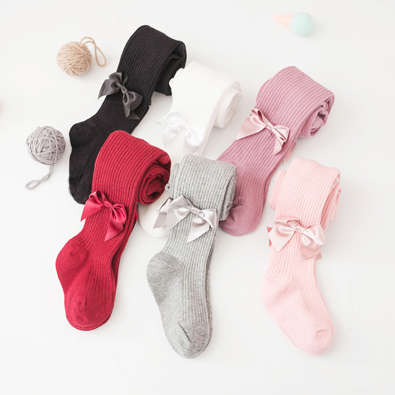 Children's Cozy Ribbed Tights With Satin Bow Details