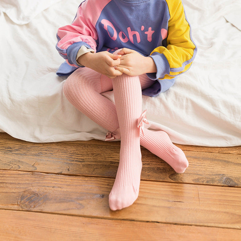 Children's Cozy Ribbed Tights With Satin Bow Details