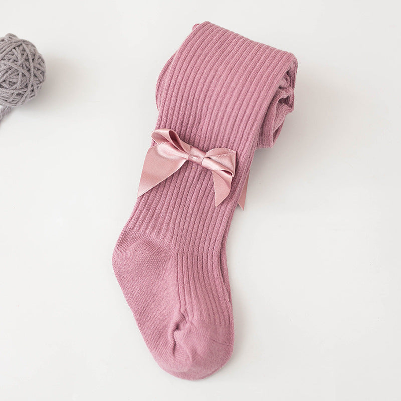 Children's Cozy Ribbed Tights With Satin Bow Details