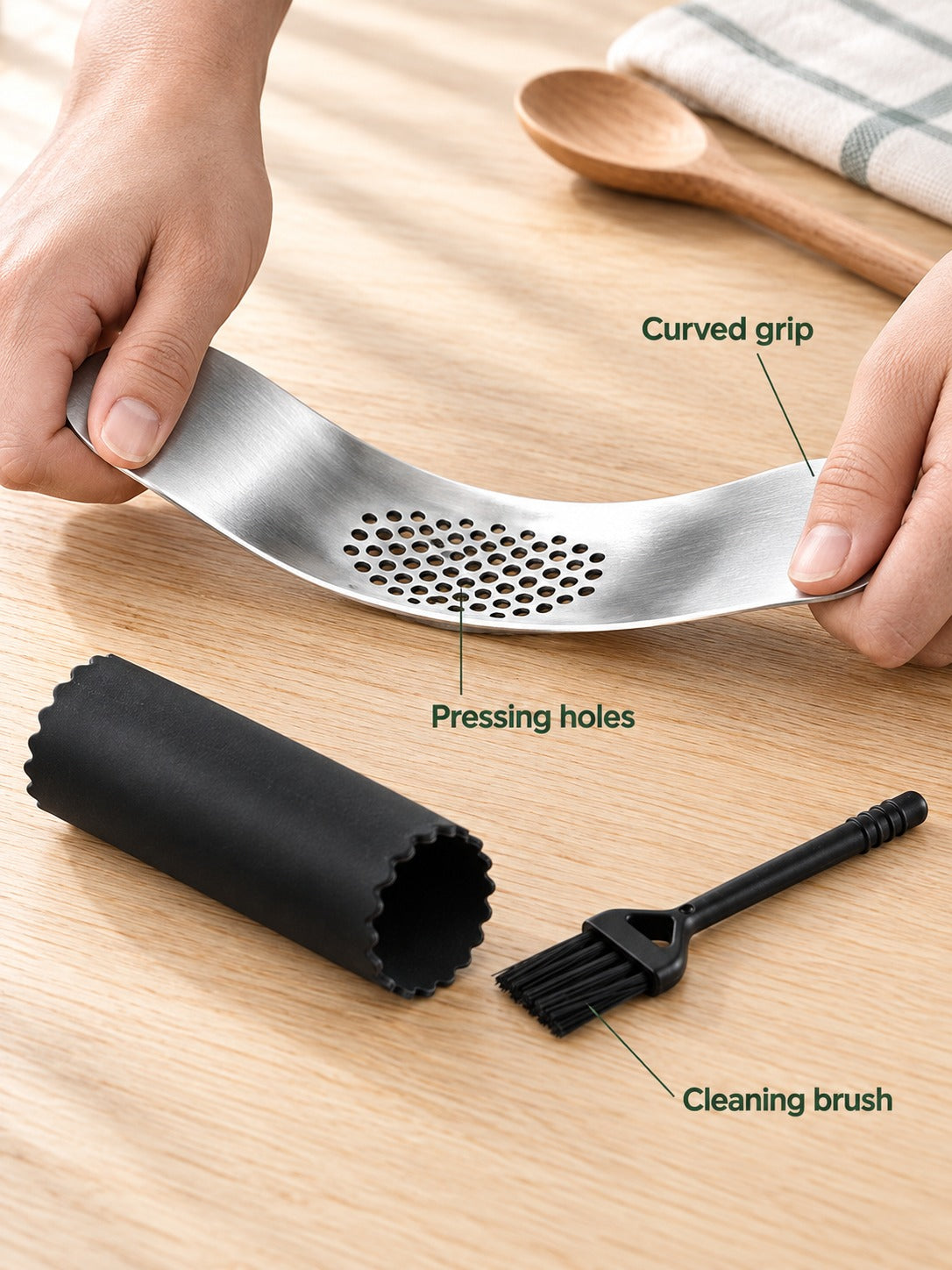 Stainless Steel Garlic Press with Peeler and Brush