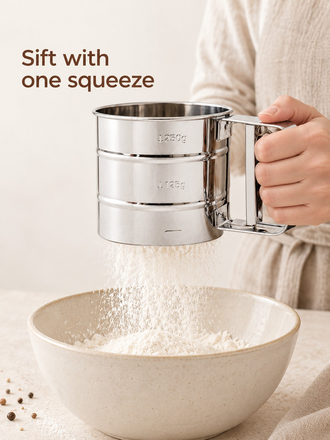 Stainless Steel Squeeze Flour Sifter for Smooth Baking