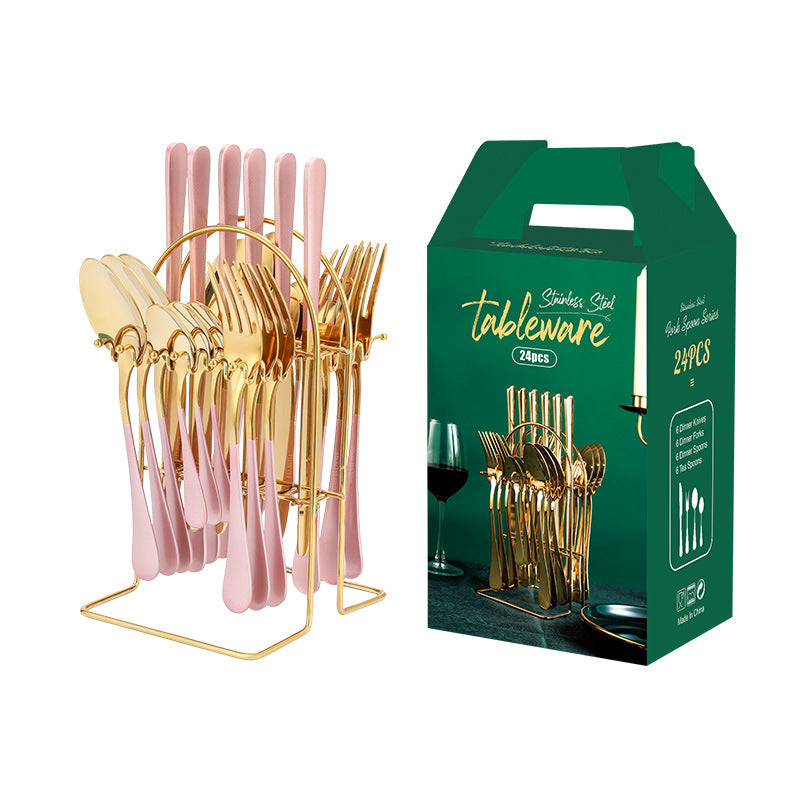 Stainless Steel Flatware Set, 24 Piece Gold with Rack